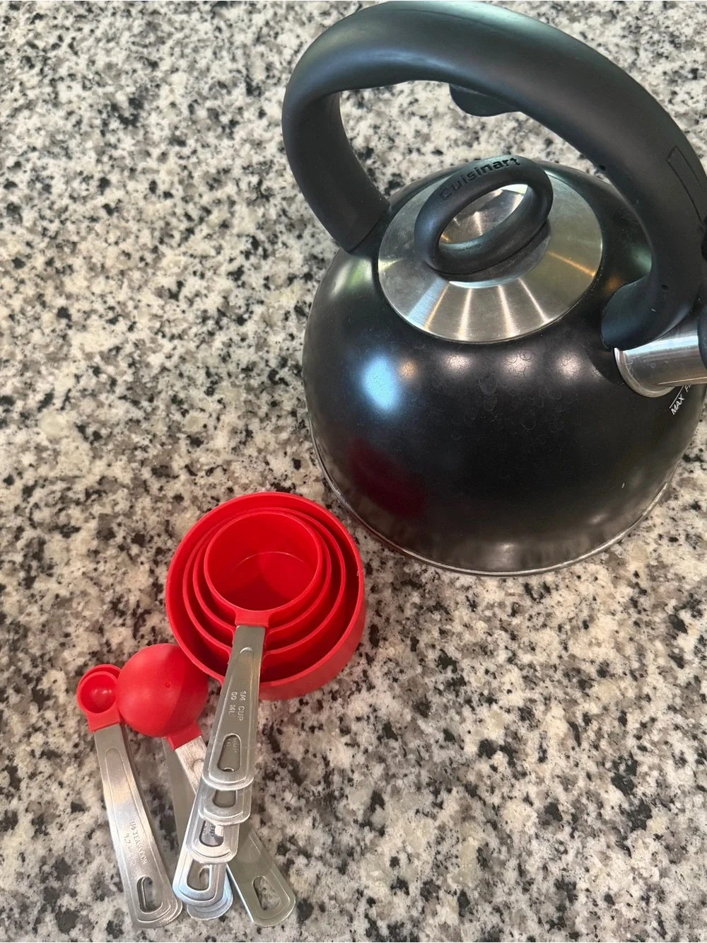 Black Stainless Steel Whistling Tea Kettle + Red Measuring Cups & Spoons Bundle